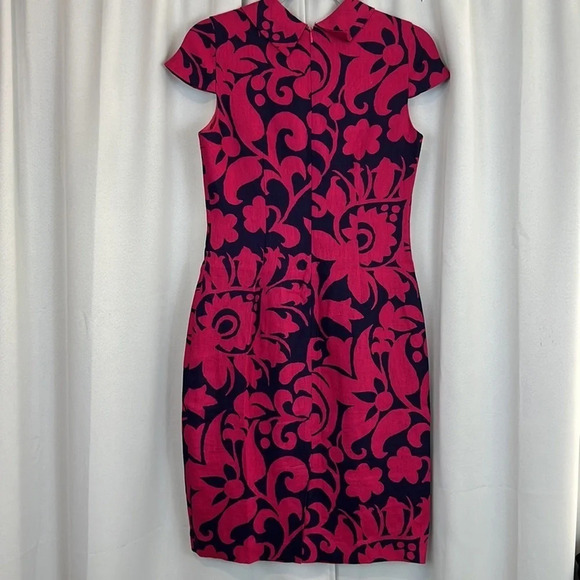 Talbots Pink & Navy Blue Floral Linen Capped Sleeve Dress Size 4 - Picture 2 of 5